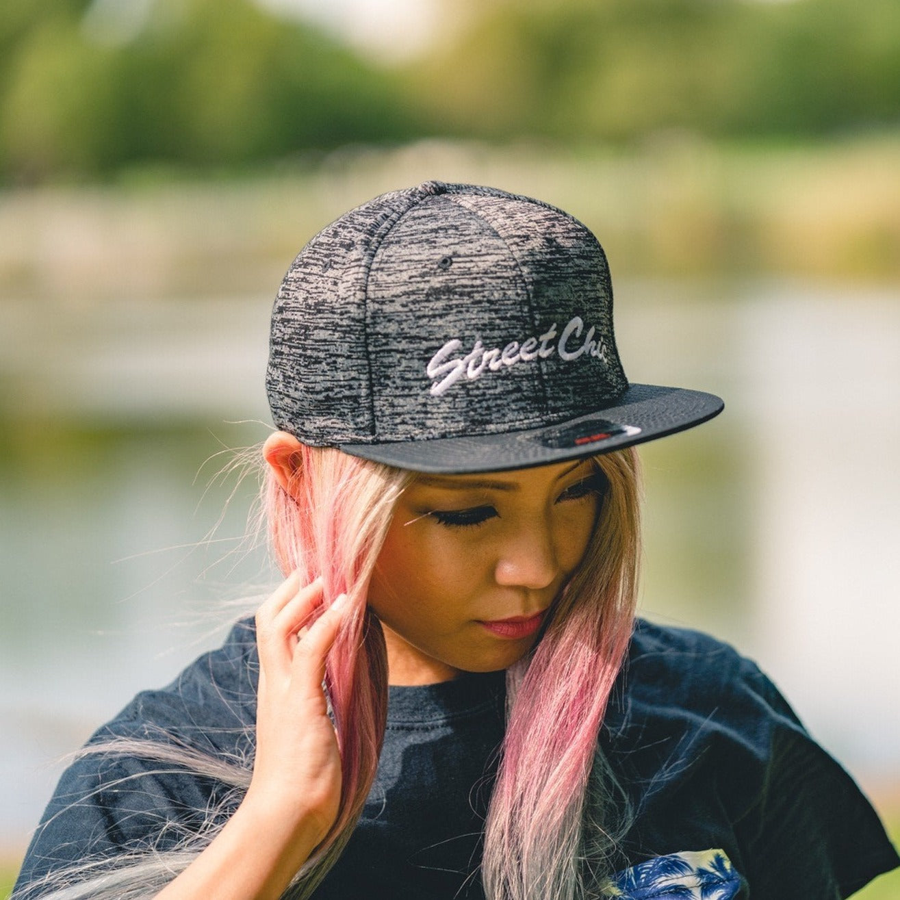 Flat visor cap / Cotton twill square Leaves Black / Plain-black - StreetChic